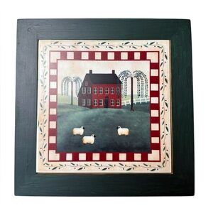 Primitive Folk Art Framed Ceramic Tile Sheep Pastoral Americana Farmhouse 8"